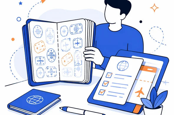 Flat semi-flat vector illustration of a nearly full passport next to organized travel documents on a desk, calm modern tech feel, faceless abstract characters, minimal background, Aid-Air palette