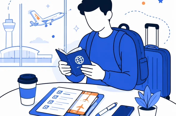 Flat semi-flat vector illustration of a traveler calmly checking a passport before a flight, airport context, organized documents, faceless abstract characters, minimal background, Aid-Air palette