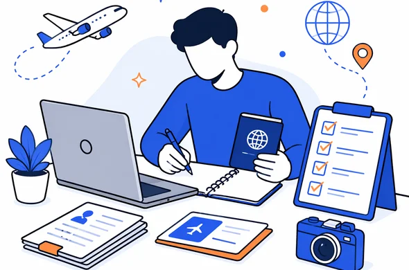 Flat semi-flat vector illustration of organized ETA application preparation with passport, checklist, laptop and travel notes, faceless abstract characters, calm minimal modern tech style, Aid-Air palette