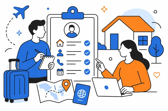 Flat semi-flat vector illustration, modern tech style, faceless abstract characters organizing private host travel details for Kenya ETA, calm organized atmosphere, minimal background, Aid-Air palette.