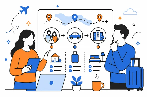 Flat semi-flat vector illustration, clean modern travel planning board showing private stay with family and later accommodation change, faceless abstract characters, calm organized atmosphere, minimal background, Aid-Air palette.