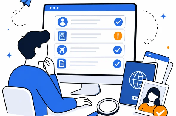 Flat semi-flat vector illustration, traveler documents checklist on screen, passport and photo verification, calm organized atmosphere, faceless abstract characters, minimal background, clean modern tech feel, Aid-Air palette