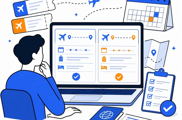 Flat semi-flat vector illustration, travel itinerary comparison on laptop with flight tickets and calendar, faceless abstract characters, calm organized atmosphere, minimal background, clean modern tech feel, Aid-Air palette